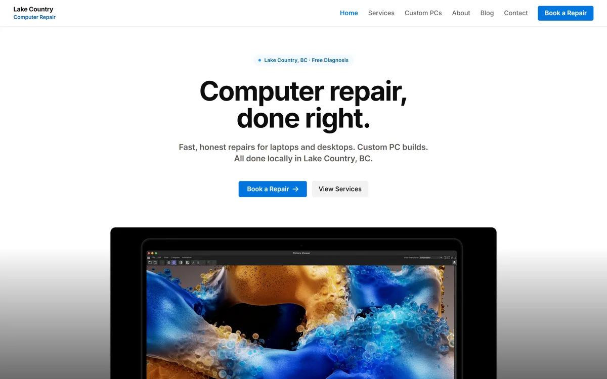 Lake Country Computer Repair website, hand-built by Elliot Digital
