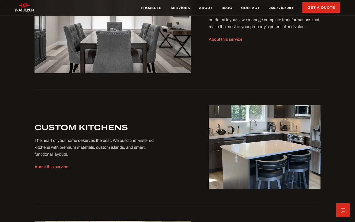 Amend Developments website, the four service cards built from photographs of real jobs