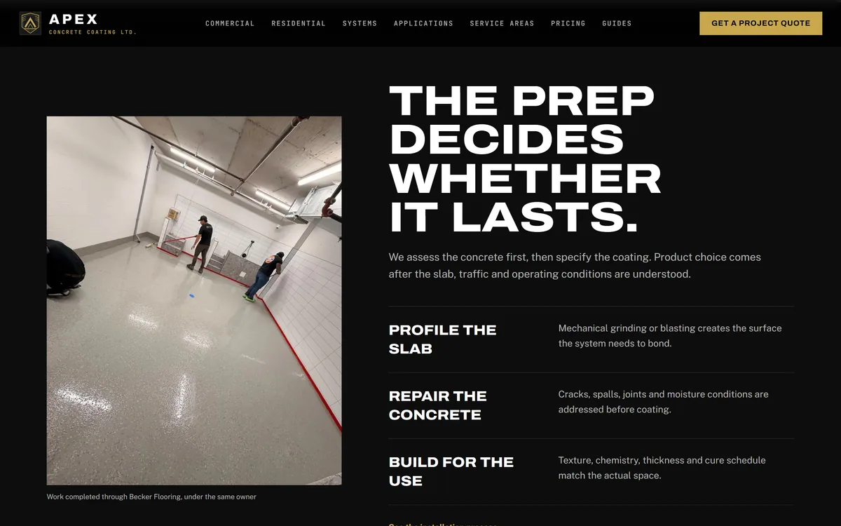 Apex Concrete Coatings website, the prep section with a crew photo labelled as Becker Flooring work