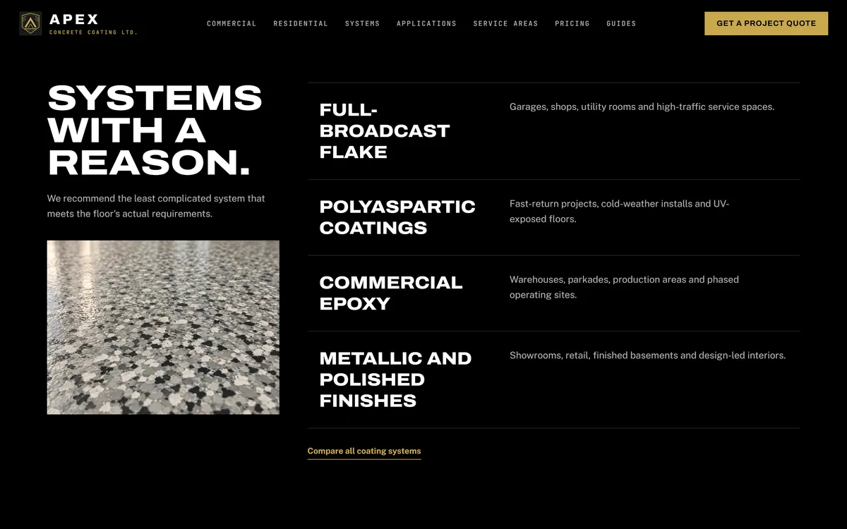 Apex Concrete Coatings website, coating systems matched to the spaces they suit