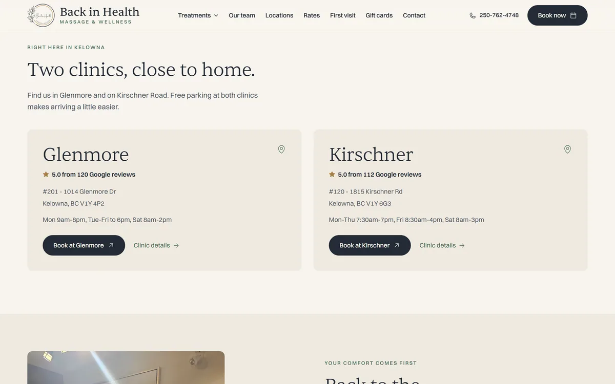 Back in Health website, the Glenmore and Kirschner clinic cards with hours and booking buttons