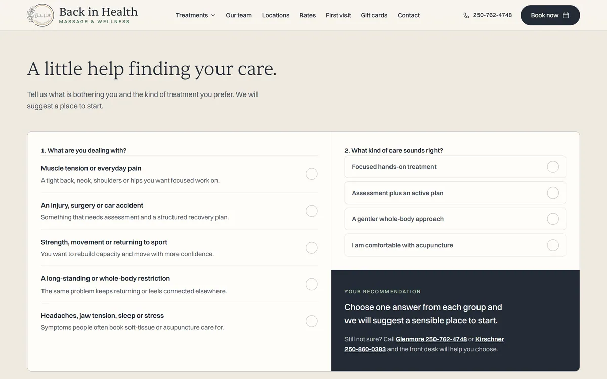 Back in Health website, the treatment finder that suggests where to start