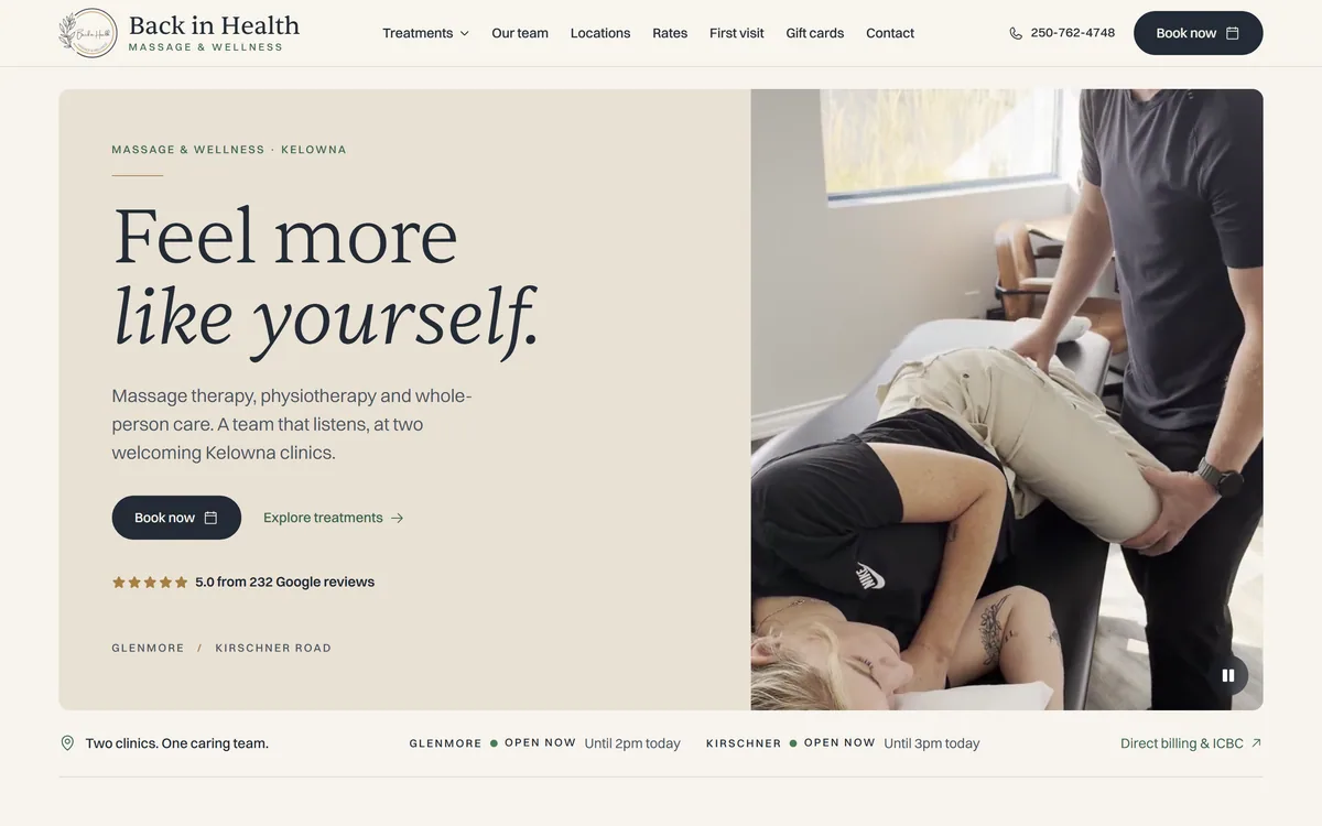 Back in Health homepage, built by Elliot Digital
