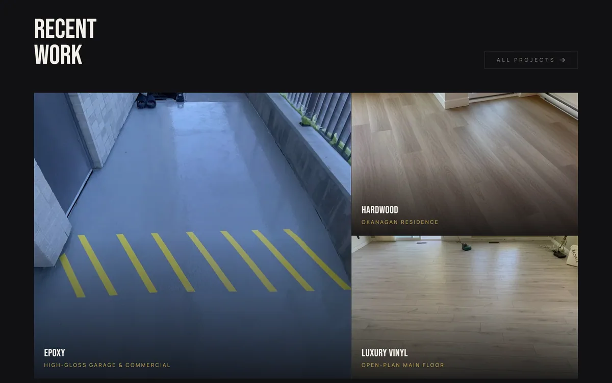 Becker Flooring website, the recent work grid with epoxy, hardwood and luxury vinyl projects