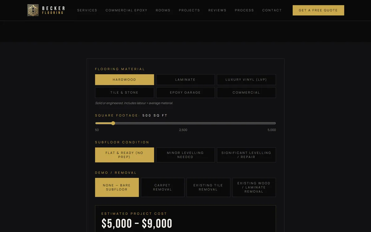 Becker Flooring website, the flooring cost calculator with material, square footage, subfloor and removal options