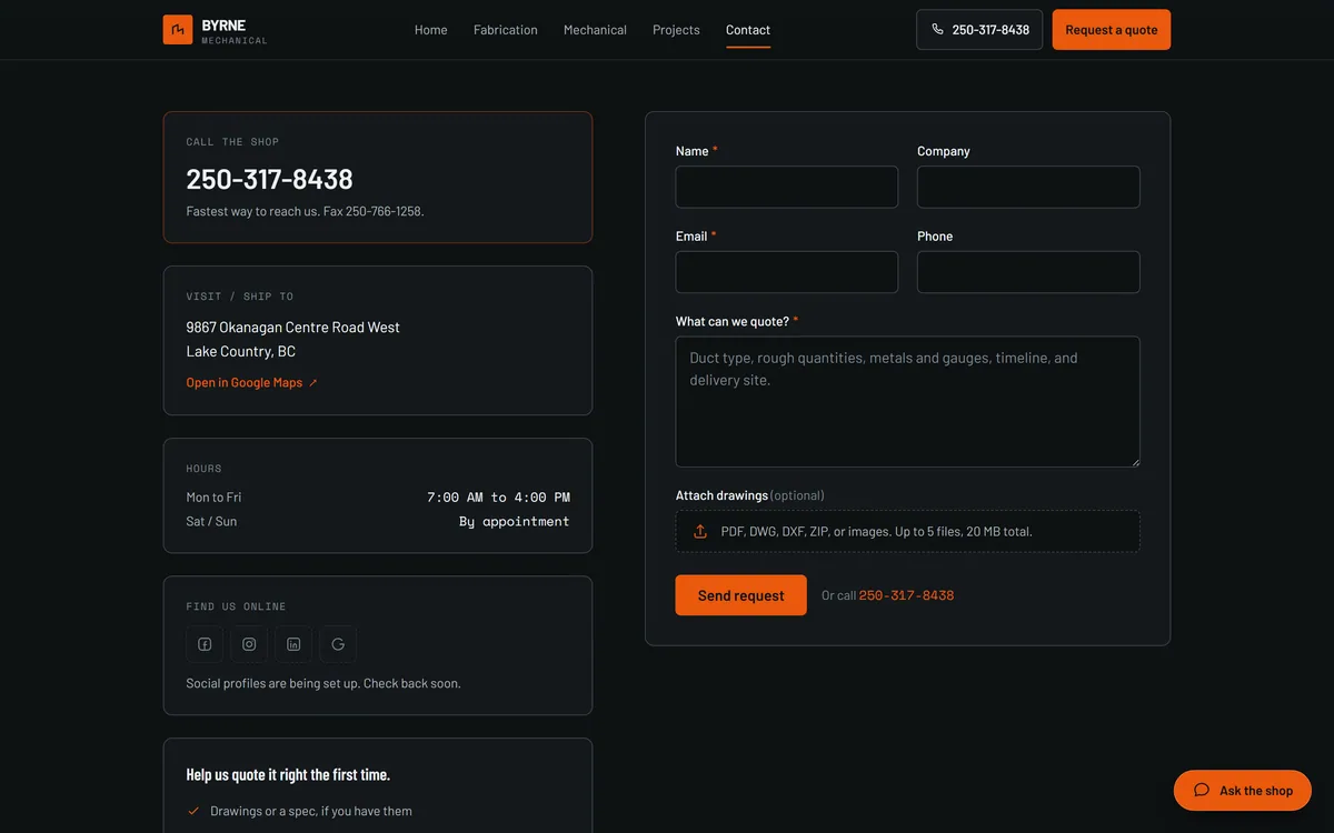 Byrne Mechanical website, the contact page with the quote form and the option to attach drawings