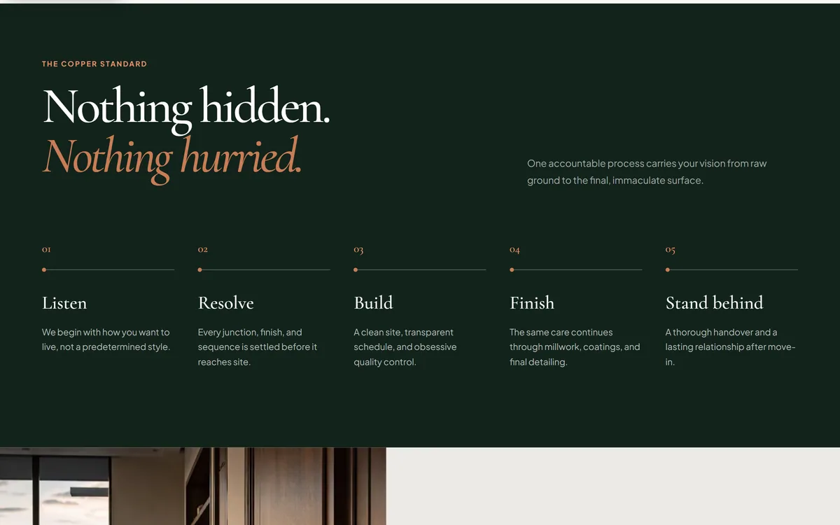Copper Pine Homes website, the five-step process from first conversation to handover