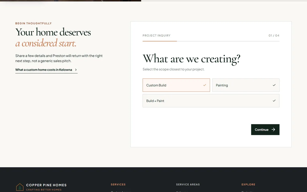 Copper Pine Homes website, the first step of the four-step project inquiry form