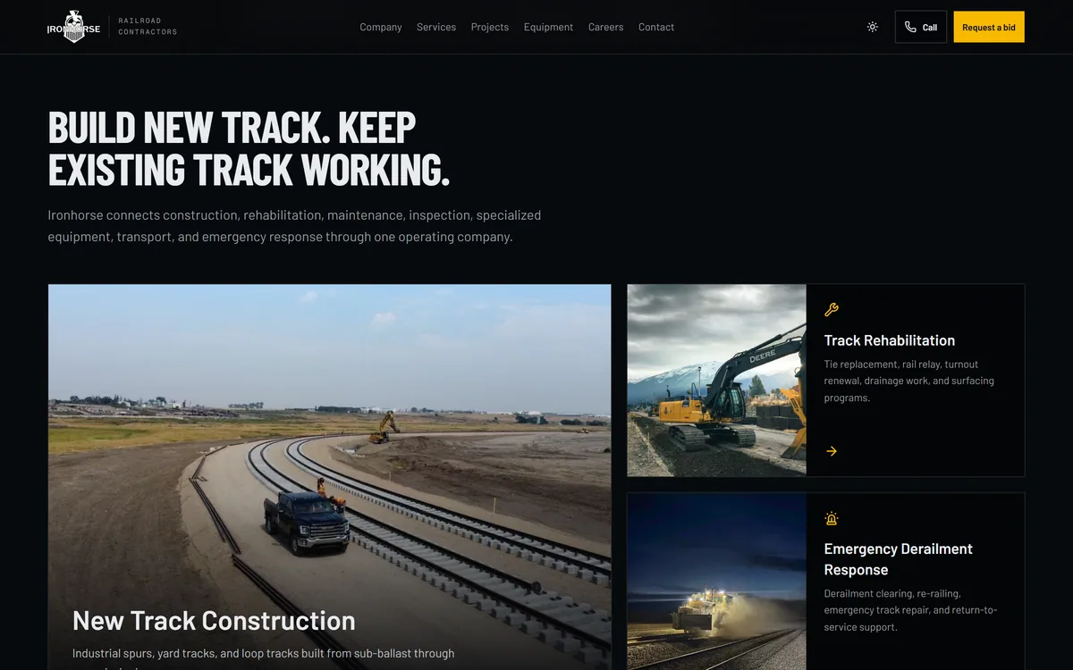 Ironhorse Railroad Contractors website, the service overview for new track, rehabilitation and derailment response