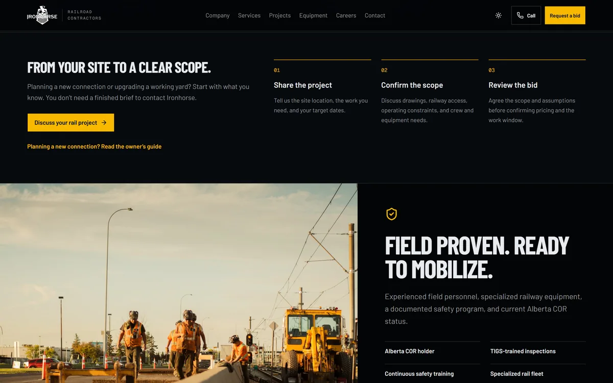 Ironhorse Railroad Contractors website, the three steps from sharing a project to reviewing the bid