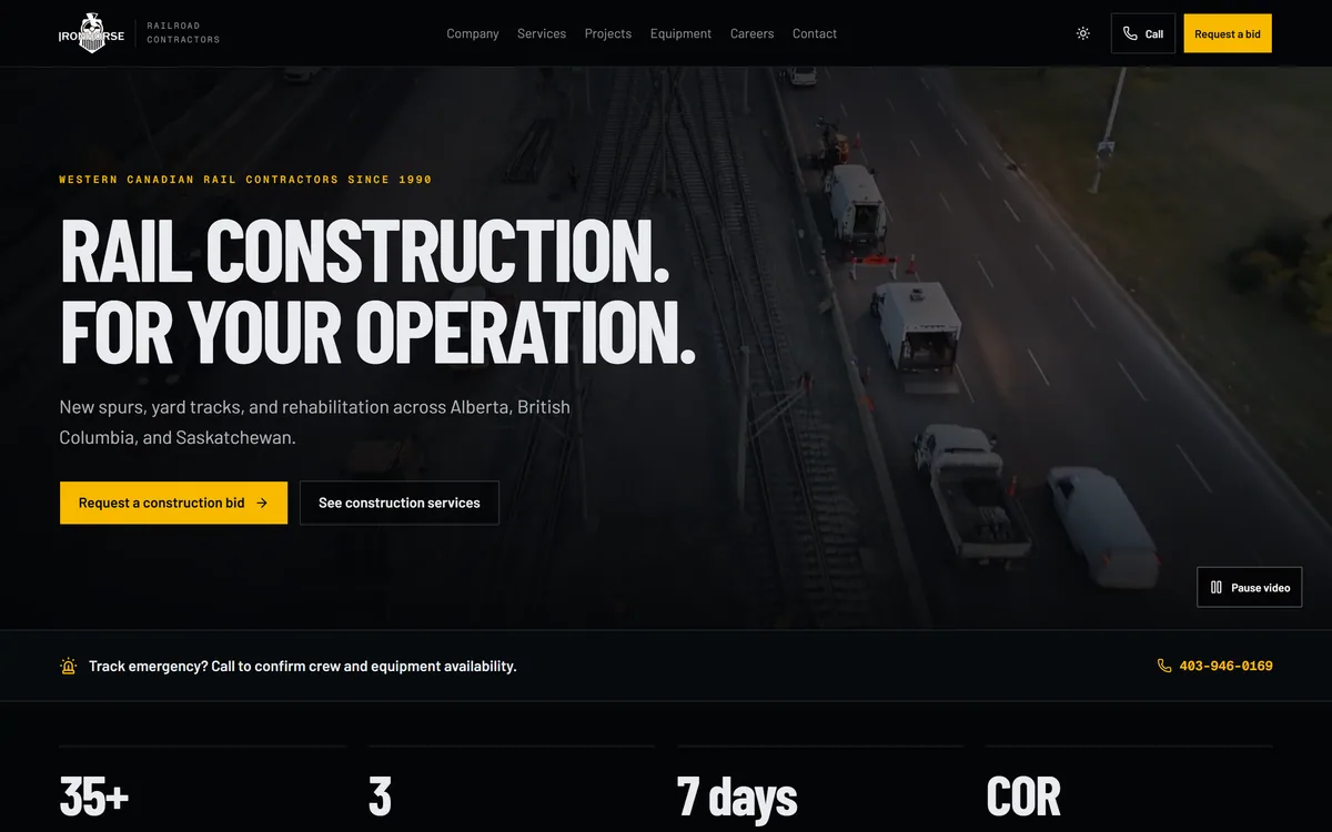 Ironhorse Railroad Contractors homepage, built by Elliot Digital