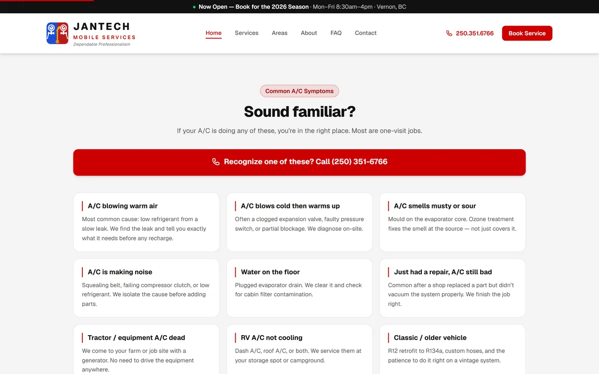 Jantech Mobile Services website, the Sound familiar section listing common A/C symptoms with a call bar
