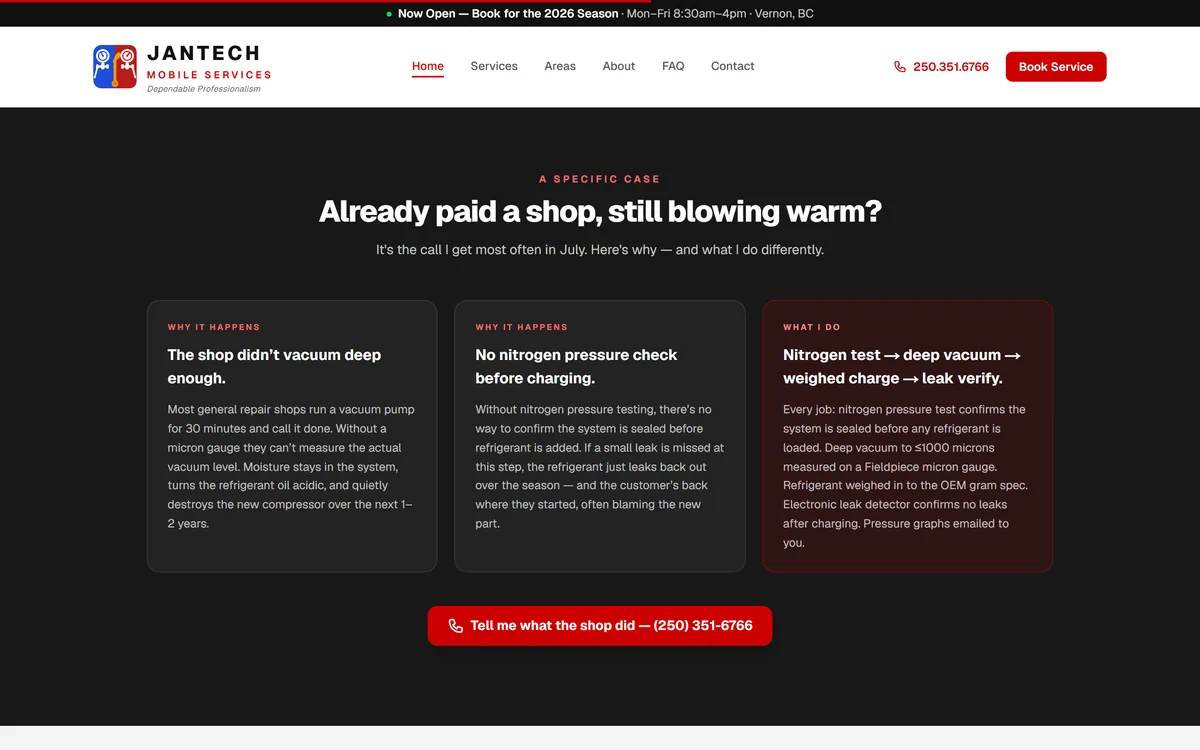Jantech Mobile Services website, the section for people whose A/C is still warm after a shop repair
