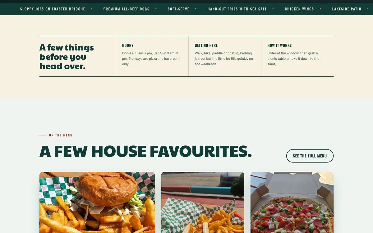 Lu Lou’s Lakeside Grill website, hours, getting there and how ordering works, above the house favourites