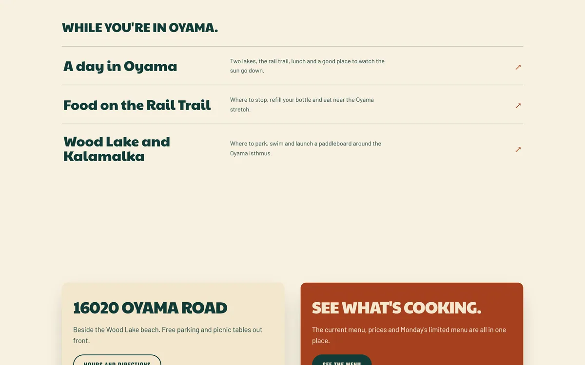 Lu Lou’s Lakeside Grill website, local guides for a day in Oyama, the rail trail and the two lakes