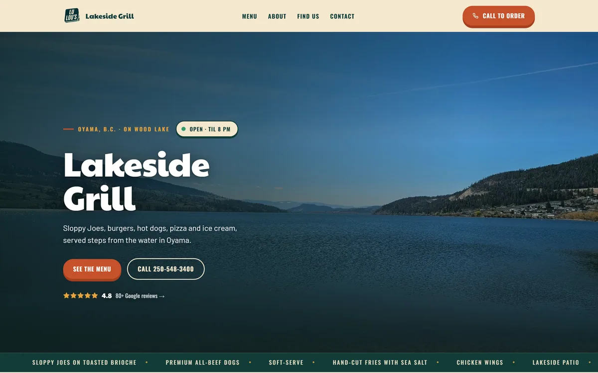 Lu Lou’s Lakeside Grill homepage, built by Elliot Digital