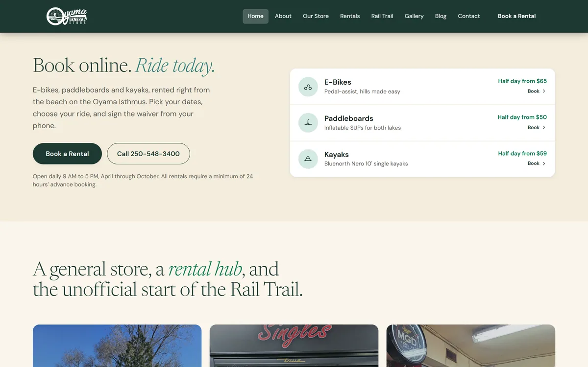 Oyama General Store website, the rental section with e-bike, paddleboard and kayak prices and a Book a Rental button