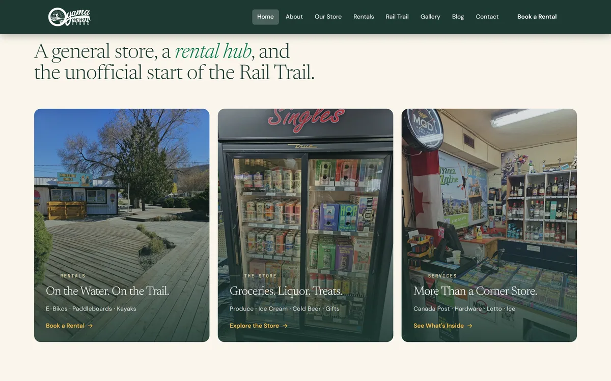 Oyama General Store website, three photo cards for rentals, the store and services like Canada Post