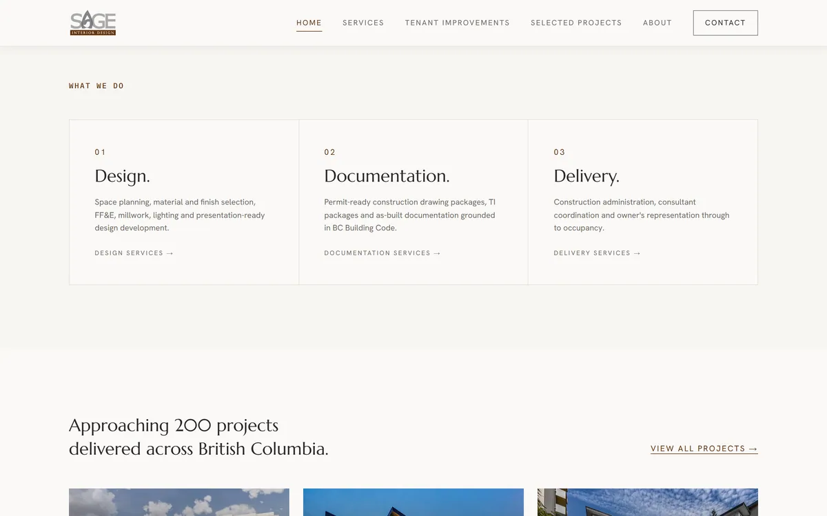 SAGE Interior Design website, the design, documentation and delivery services on the homepage