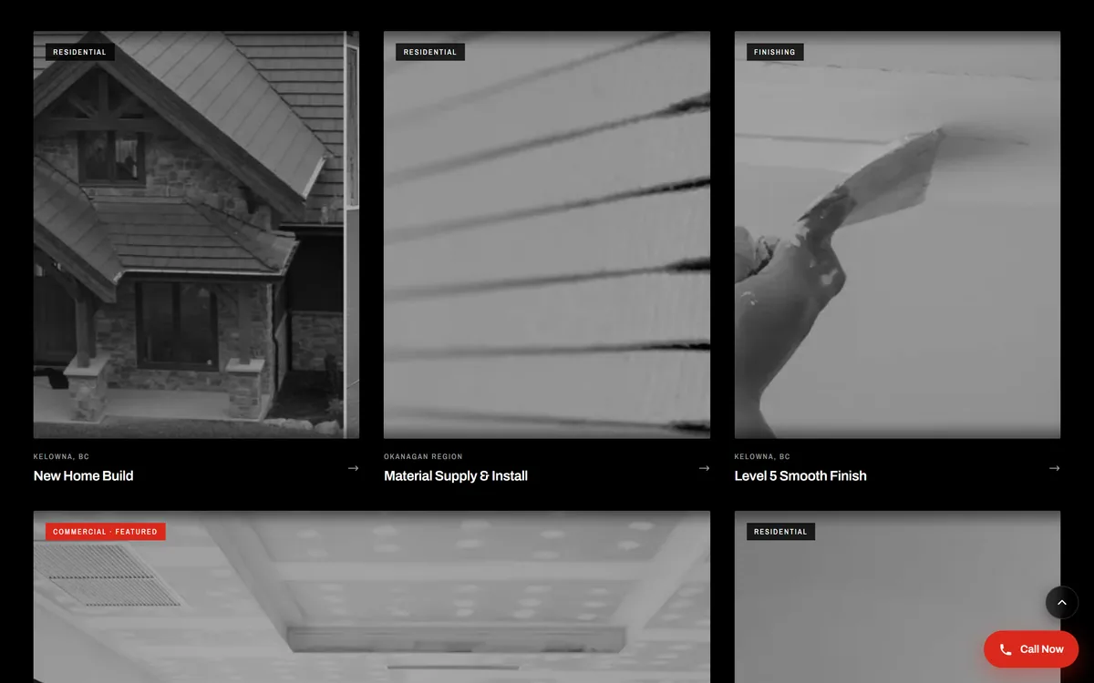 Team Drywall website, the Our Work page with a new home build, a supply and install job and a Level 5 finish