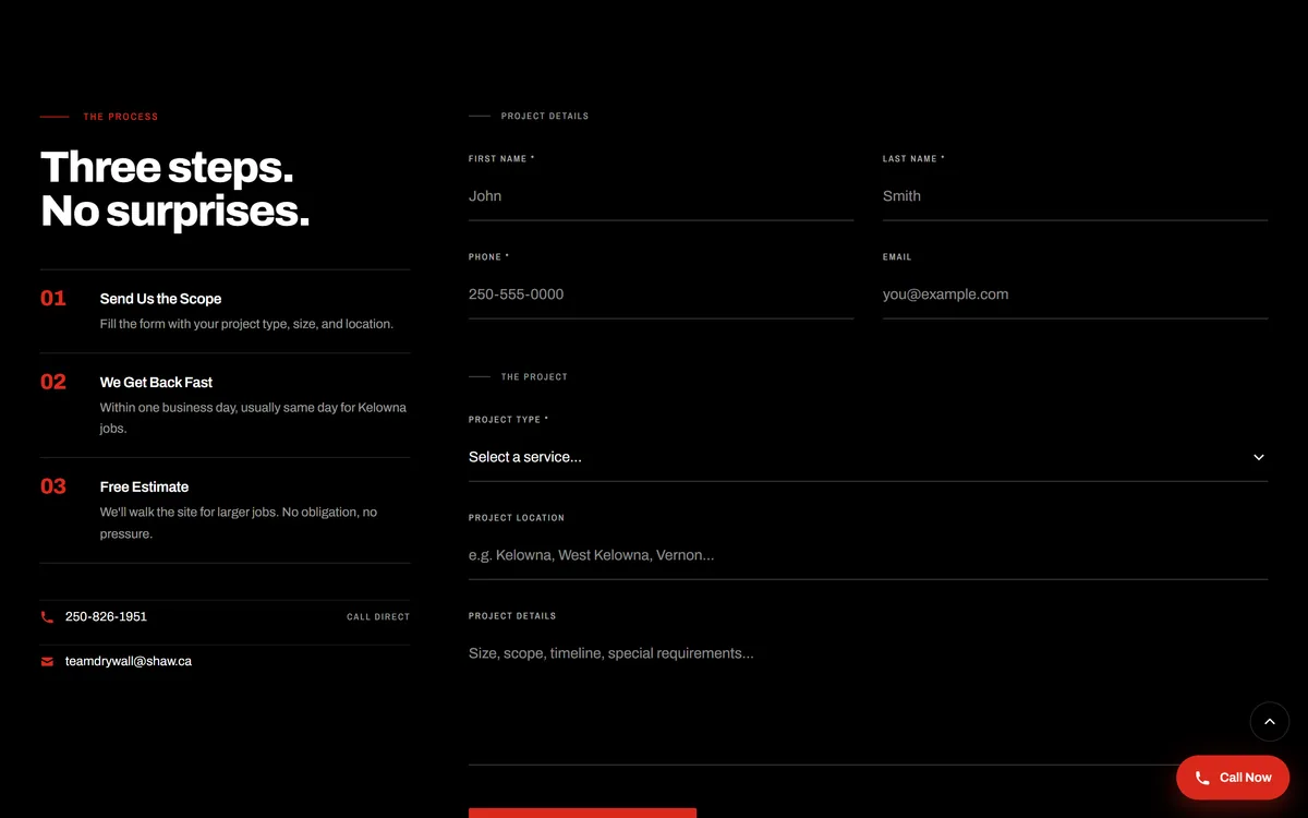 Team Drywall website, the quote page with a three-step process and a form asking for project type, location and details
